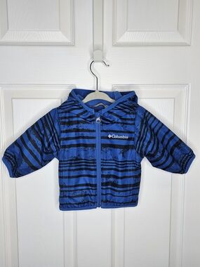 Columbia Baby Boy 0-3M Blue Black Striped Fleece Lined Hooded Jacket